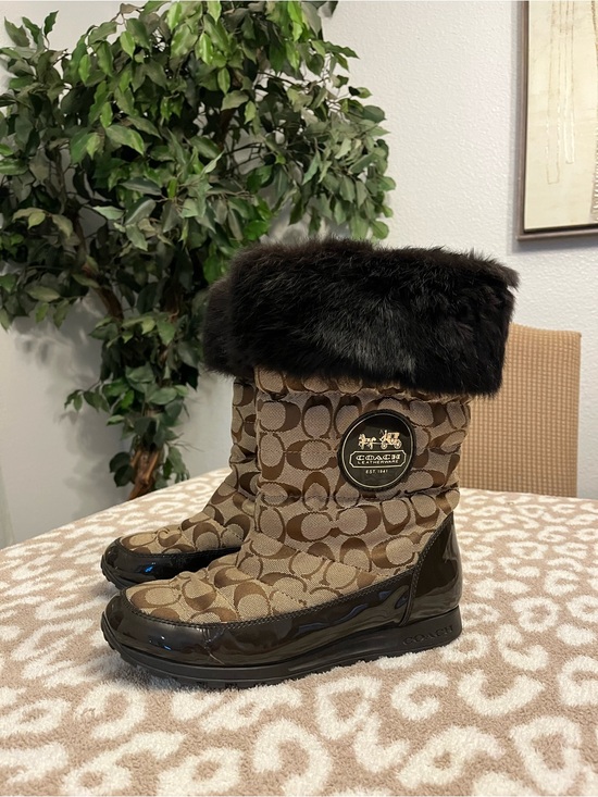 Coach Shoes - Coach Brown Signature Jacquard Fur-Trim Winter Boots